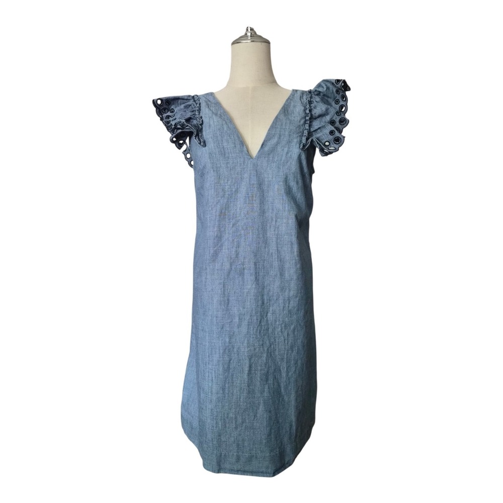 J.Crew Chambray Flutter Sleeve Eyelet Shift Dress Blue Size 6 100% Cotton